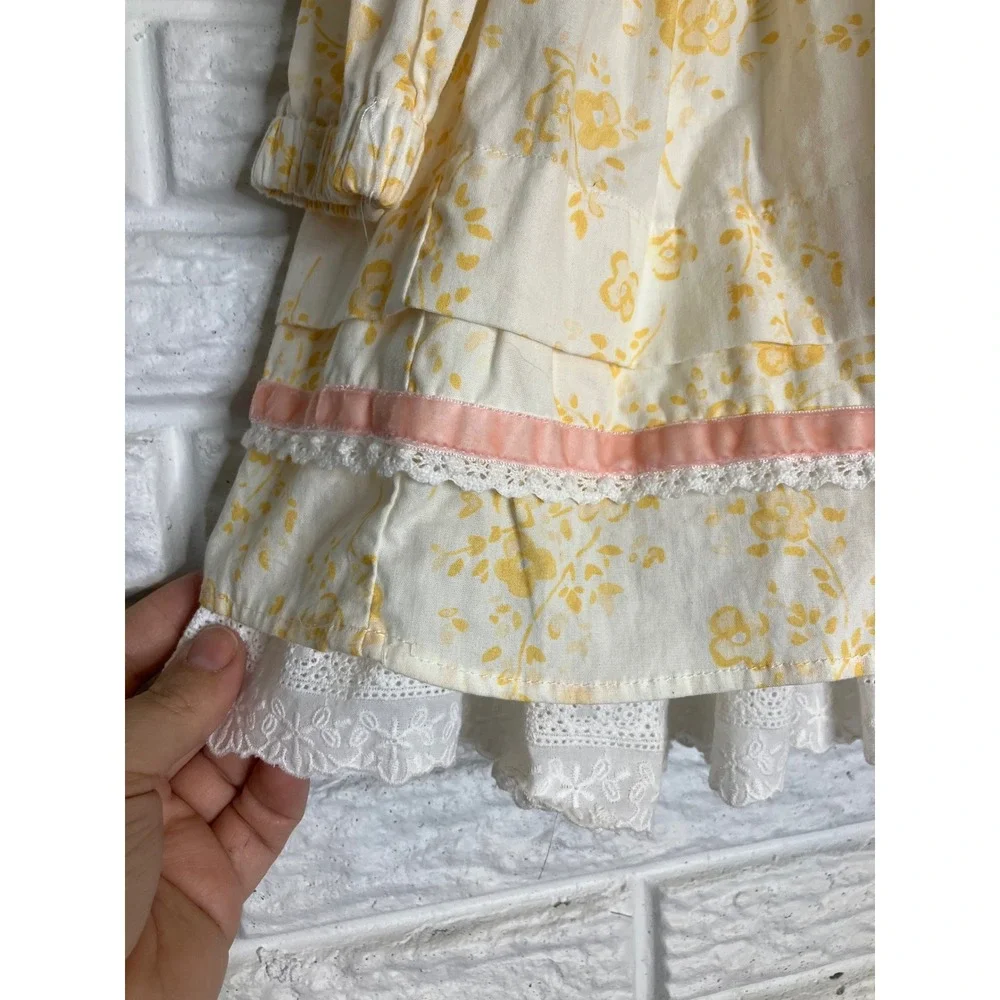 Sweet honey ivory & yellow floral dress long‎ sleeve girls size 6Y 100% cotton